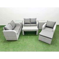Fimous High Back Poly Rattan Garden Furniture Set w/ Reclining Chair Loveseat Sofa Oblong Coffee Table Indoor Outdoor Patio Set Big Stool 2 Side