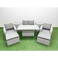 Fimous Light Grey PE Wicker Rattan Garden Furniture Set Sofa Set Reclining Chair Adjustable Lifting Dining or Coffee Table 6 Seater 2 Big Stools 2