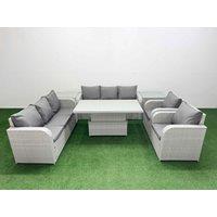 Fimous PE Rattan High Back Lounge Sofa Set Patio Adjustable Lifting Dining or Coffee Table & Chairs Set w/ 3 Seater Sofa Reclining Chair 2 Side Table