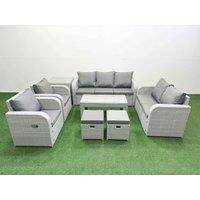 Fimous PE Rattan Garden Furniture Set Adjustable Chair Sofa Double Love Seat 2 Seater Sofa Lounge Set Rectangular Coffee Table 2 Stools Side Table