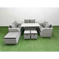 Fimous 9 Seater PE Wicker Rattan Furniture Sofa Sets with Adjustable Lifting Dining or Coffee Table 2 Seater Love Sofa 3 Stool 2 Side Table Light Grey