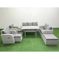 Fimous PE Rattan Garden Furniture Set Reclining Chair Sofa Double Love Seat 2 Seater Sofa Lounge Set Rectangular Dining Table 3 Stools Light Grey
