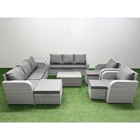 Fimous PE Rattan High Back Lounge Sofa Set Patio Coffee Table & Chairs Set with 3 Seater Sofa Reclining Chair 3 Stools Side Table Light Grey