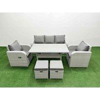 Fimous PE Rattan Garden Furniture Set Reclining Chair Sofa Lounge Sofa Set Rectangular Dining Table 2 Small Stools Light Grey