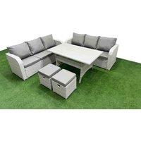 Fimous Outdoor Garden Furniture Sets 8 Seater Wicker Rattan Furniture Sofa Sets with Rectangular Dining Table high Back Lounge Sofa Stools Light Grey