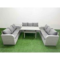 Fimous PE Rattan Lounge Sofa Set 9 Seater Outdoor Garden Furniture Set with Rectangular Dining Table 3 Seater Sofa Side Table Light Grey