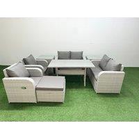 Fimous 7 Seater Outdoor Reclining Chair Love Sofa Set Rattan Garden Furniture Set with Rectangular Dining Table Footstool 2 Side Tables Light Grey