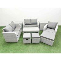 Fimous High Back Poly Rattan Garden Furniture Set w/ Reclining Chair Loveseat Sofa Oblong Coffee Table Indoor Outdoor Patio Set 3 Stools 2 Side Table