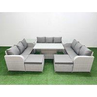 Fimous PE Rattan Lounge Sofa Set 11 Seater Outdoor Garden Furniture Set w/ Adjustable Lifting Dining or Coffee Table 3 Seater Sofa 2 Big Footstools