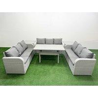 Fimous PE Rattan Lounge Sofa Set 9 Seater Outdoor Garden Furniture Set with Rectangular Dining Table 3 Seater Sofa 2 Side Table Light Grey
