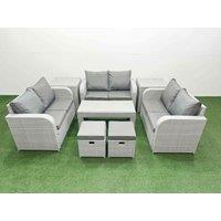 Fimous 8 Seater PE Wicker Rattan Furniture Sofa Sets with Oblong Coffee Table 2 Seater Love Sofa 2 Stool 2 Side Table Light Grey