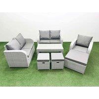 Fimous High Back Poly Rattan Garden Furniture Set with Reclining Chair Loveseat Sofa Oblong Coffee Table Indoor Outdoor Patio Set 3 Stools Light Grey