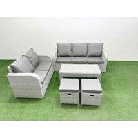 Fimous 7 Seater PE Rattan Wicker Garden Furniture Patio Conservatory Sofa Set with Oblong Coffee Table 3 Seater Sofa Love Sofa 2 Stools in Light Grey