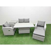 Fimous Light Grey PE Wicker Rattan Garden Furniture Set Sofa Set Reclining Chair Adjustable Lifting Dining or Coffee Table 5 Seater w/ Footstool Side