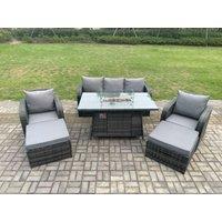 Fimous Rattan Outdoor Garden Furniture Sofa Set Gas Fire Pit Dining Table Gas Heater with 2 Big Footstool Dark Grey Mixed