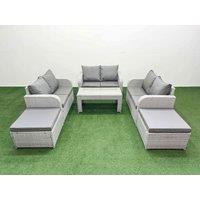 Fimous 8 Seater PE Wicker Rattan Furniture Sofa Sets with Oblong Coffee Table 2 Seater Love Sofa 2 Big Footstool Light Grey