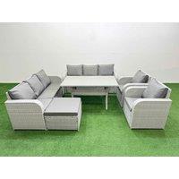 Fimous PE Rattan High Back Lounge Sofa Set Patio Rectangular Dining Table & Chairs Set with 3 Seater Sofa Reclining Chair Big Footstool Light Grey