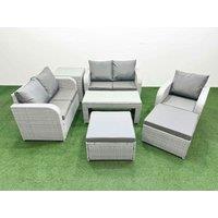 Fimous High Back Poly Rattan Garden Furniture Set w/ Reclining Chair Loveseat Sofa Oblong Coffee Table Indoor Outdoor Patio Set 2 Big Stool Side