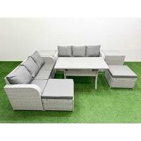 Fimous Outdoor Garden Furniture Sets 8 Seater Wicker Rattan Furniture Sofa Sets w/ Rectangular Dining Table high Back Lounge Sofa 2 Big Footstool 2
