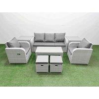 Fimous PE Rattan Garden Furniture Set Reclining Chair Sofa Lounge Sofa Set Rectangular Coffee Table 2 Side Table 2 Small Stools Light Grey