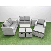 Fimous High Back Poly Rattan Garden Furniture Set w/ Reclining Chair Loveseat Sofa Rectangular Coffee Table Indoor Outdoor Patio Set 3 Stools 2 Side