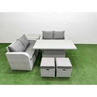 Fimous 6 Seater Outdoor Love Sofa Set Rattan Garden Furniture Set with Adjustable Lifting Dining or Coffee Table 2 Small Stools Side Table Light Grey