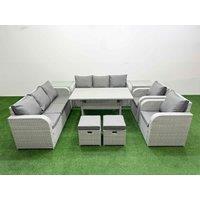 Fimous PE Rattan High Back Lounge Sofa Set Patio Rectangular Dining Table & Chairs Set w/ 3 Seater Sofa Reclining Chair Stools 2 Side Table Light Grey