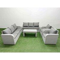 Fimous PE Rattan High Back Lounge Sofa Set Patio Oblong Coffee Table & Chairs Set with 3 Seater Sofa Reclining Chair Light Grey