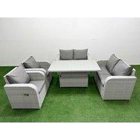 Fimous 6 Seater Outdoor Reclining Chair Love Sofa Set Rattan Garden Furniture Set with Adjustable Lifting Dining or Coffee Table Light Grey