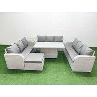 Fimous PE Rattan Lounge Sofa Set 10 Seater Outdoor Garden Furniture Set w/ Adjustable Lifting Dining or Coffee Table 3 Seater Sofa Big Footstool Side