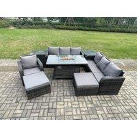Fimous 9 Seater Rattan Garden Furniture Set Gas Fire Pit Dining Table Reclining Chair 3 Seater Sofa Set Indoor Outdoor with 2 Side Tables in Dark Grey
