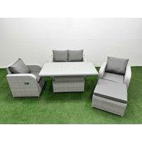 Fimous Light Grey PE Wicker Rattan Garden Furniture Set Sofa Set Reclining Chair Adjustable Lifting Dining or Coffee Table 5 Seater With Footstool