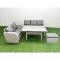 Fimous 6 Seater PE Rattan Wicker Garden Furniture Patio Conservatory Sofa Set w/ Rectangular Dining Table 3 Seater Sofa Love Sofa Big Footstool Side