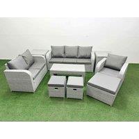 Fimous Patio PE Wicker 9 Seater Outdoor Rattan Furniture Sofa Sets w/ Oblong Coffee Table Reclining Chair Loveseat Sofa 3 Seater Sofa Stool 2 Side