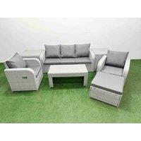 Fimous PE Rattan Garden Furniture Set Reclining Chair Sofa Lounge Sofa Set Rectangular Coffee Table 2 Side Table Big Footstool Light Grey