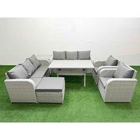 Fimous PE Rattan High Back Lounge Sofa Set Patio Rectangular Dining Table & Chairs Set w/ 3 Seater Sofa Reclining Chair Big Footstool Side Table