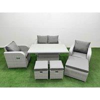 Fimous Light Grey PE Wicker Rattan Garden Furniture Set Sofa Set Reclining Chair Adjustable Lifting Dining or Coffee Table 7 Seater 3 Stools