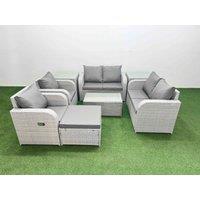 Fimous 7 Seater Outdoor Reclining Chair Love Sofa Set Rattan Garden Furniture Set with Rectangular Coffee Table Footstool 2 Side Tables Light Grey
