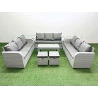 Fimous PE Rattan Lounge Sofa Set 11 Seater Outdoor Garden Furniture Set with Oblong Coffee Table 3 Seater Sofa 2 Stools 2 Side Table Light Grey