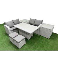 Fimous 6 Seater Outdoor Love Sofa Set Rattan Garden Furniture Set w/ Adjustable Lifting Dining or Coffee Table 2 Small Stools 2 Side Tables Light Grey