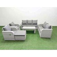 Fimous PE Rattan Garden Furniture Set Adjustable Chair Sofa Double Love Seat 2 Seater Sofa Lounge Set Rectangular Coffee Table Big Footstool Light