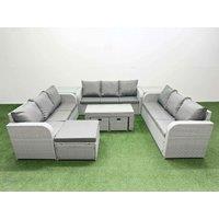 Fimous PE Rattan Lounge Sofa Set 12 Seater Outdoor Garden Furniture Set with Oblong Coffee Table 3 Seater Sofa 3 Stools 2 Side Table Light Grey