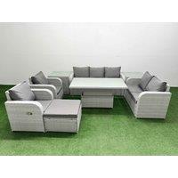 Fimous PE Rattan Garden Furniture Set Reclining Chair Sofa Double Love Seat 2 Seater Sofa Lounge Set Adjustable Lifting Dining or Coffee Table Big