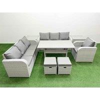 Fimous 9 Seater Poly Rattan Outdoor Garden Furniture Rectangular Dining Table Sofa Set Patio 3 Seater Sofa Reclining Chair 3 Seater Sofa Stools 2