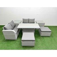 Fimous 6 Seater Outdoor Love Sofa Set Rattan Garden Furniture Set with Adjustable Lifting Dining or Coffee Table 2 Footstool 2 Side Tables Light Grey