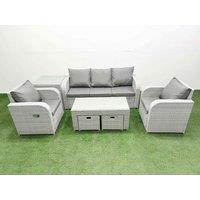 Fimous PE Rattan Garden Furniture Set Reclining Chair Sofa Lounge Sofa Set Rectangular Coffee Table Side Table 2 Small Stools Light Grey