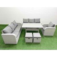 Fimous 9 Seater Poly Rattan Outdoor Garden Furniture Rectangular Dining Table Sofa Set Patio 3 Seater Sofa Reclining Chair 3 Seater Sofa Stools Light