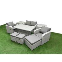 Fimous Light Grey PE Wicker Rattan Garden Furniture Set Sofa Set Reclining Chair Adjustable Lifting Dining or Coffee Table 7 Seater 3 Stools 2 Side