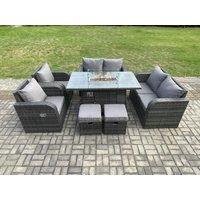 Fimous Rattan Outdoor Garden Furniture Sofa Set Gas Fire Pit Dining Table Gas Heater with Love Sofa 2 Small Footstool 8 Seater in Dark Grey