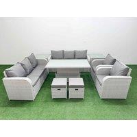 Fimous PE Rattan High Back Lounge Sofa Set Patio Adjustable Lifting Dining or Coffee Table & Chairs Set w/ 3 Seater Sofa Reclining Chair Stools 2